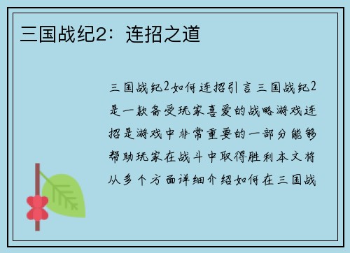 三国战纪2：连招之道