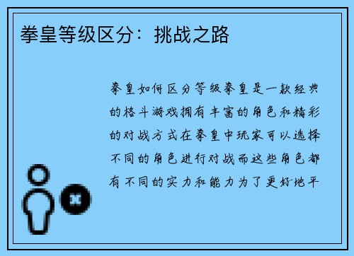 拳皇等级区分：挑战之路